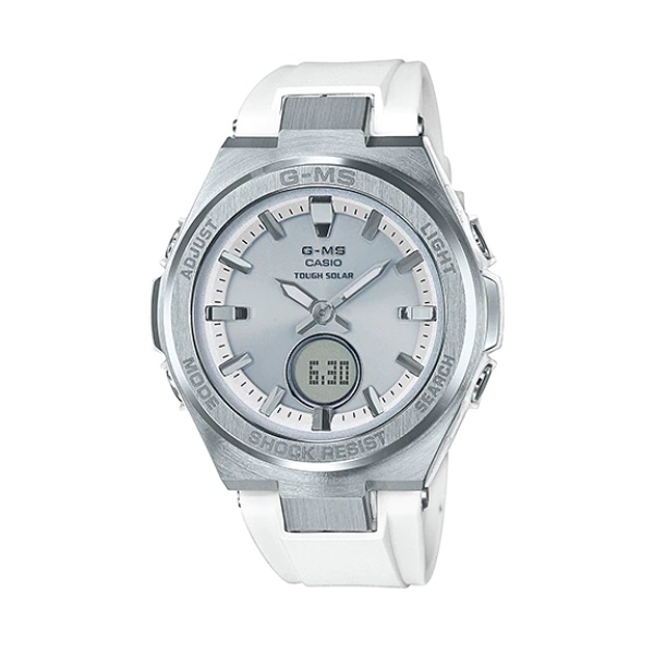 【CASIO BABY-G】太陽能金屬角框纖薄雙顯時尚優雅腕錶-銀白/MSG-S200-7A