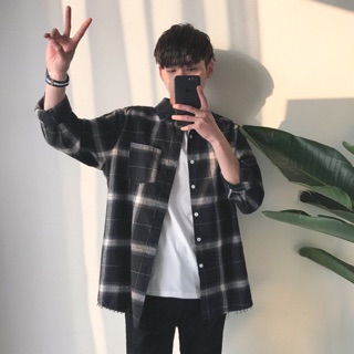 【阿堯的店】格紋襯衫 男生寬鬆大碼格紋學院長袖襯衫外套潮個性韓系 韓版毛邊免燙格子襯衫 休閒襯衫 格子襯男 大格襯衫