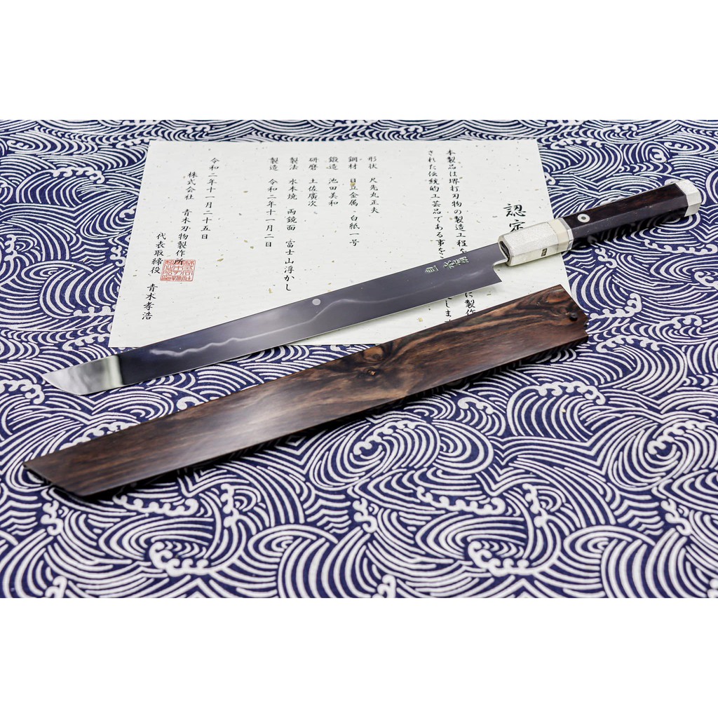 堺北辰 池田美和作 本焼き 富士山 満月 柳刃300mm 黒檀八角水牛柄