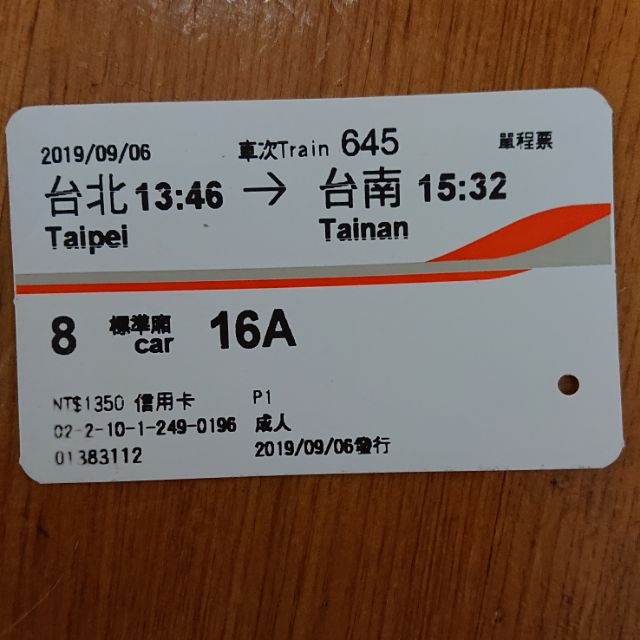 收藏用 使用過 高鐵車票 高鐵票根 2019/09/06 台北-台南