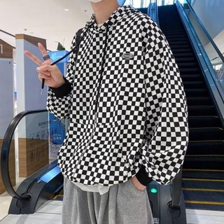 帽T男女 棋盤格連帽衛衣男 套頭長袖上衣男士【M-3XL】秋季ins港風復古潮牌寬松帽衫休閑學生套頭衣服 後生仔服飾