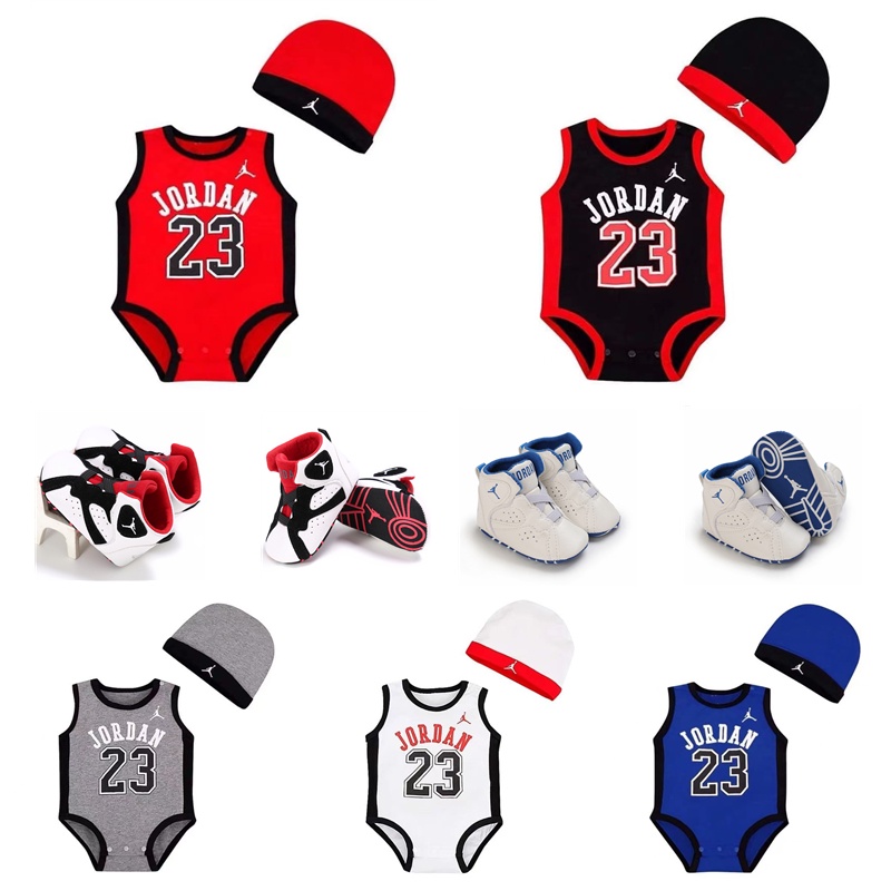 嬰兒球衣主題籃球嬰兒連身衣男孩連身衣+帽子套裝棉23圖案嬰兒新生兒套裝