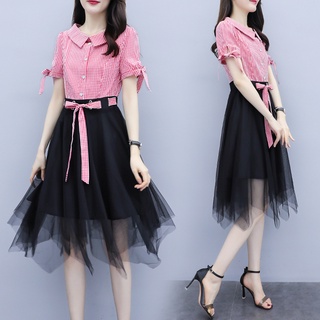愛依依 洋裝 收腰 顯瘦 裙子 S-XL新款連裙套裝女裝氣質流行網紗裙子很仙假兩件T302-6891.