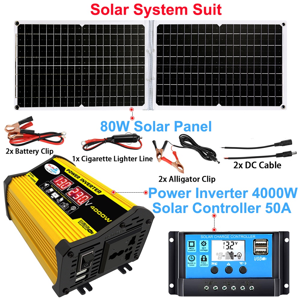 Roxuzey 太陽能係統套裝 80W 18V 太陽能電池板+4000W 電源逆變器 DC 12V to 220V AC