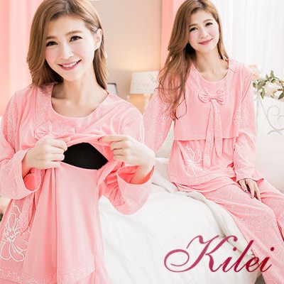 【Kilei】蝶結裝飾印花哺乳孕婦裝居家二件式睡衣組XA2091-01(舒適深粉)全尺碼