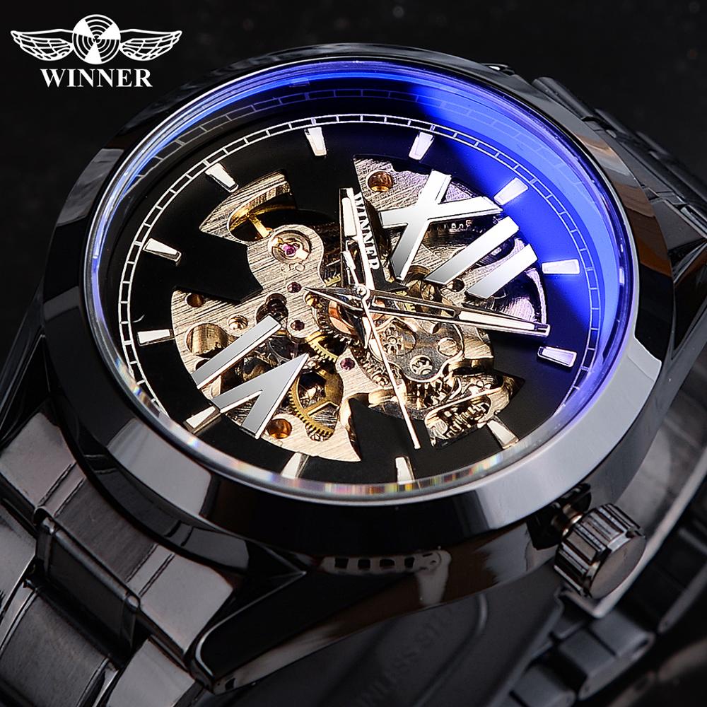 Winner 藍色玻璃設計自動手錶商務不銹鋼錶帶防水夜光機械表