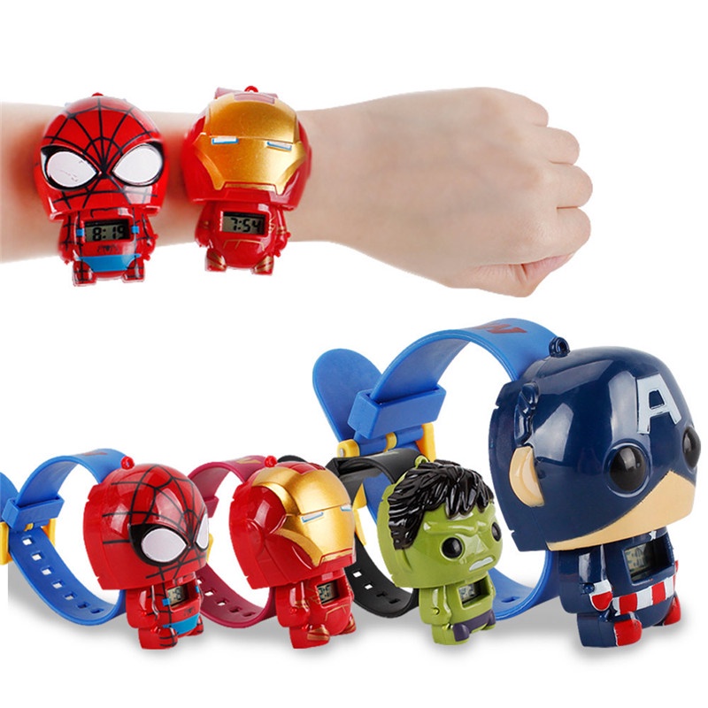 MARVEL 漫威復仇者聯盟電子手錶玩具蜘蛛俠綠巨人美國隊長動漫人物變形娃娃兒童禮物