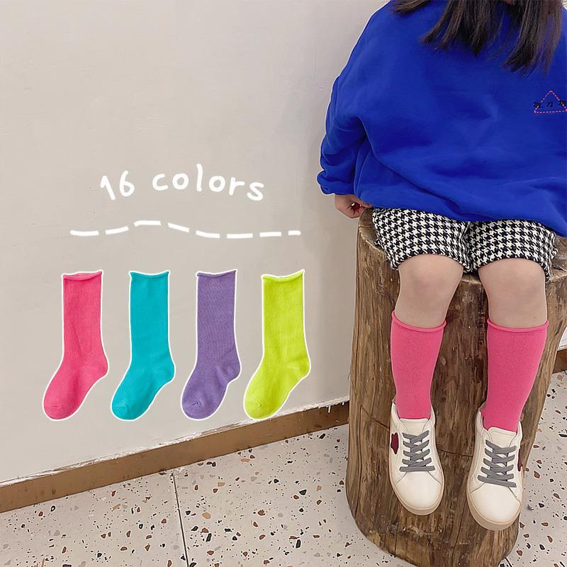 4雙裝 韓國糖果色堆堆襪 卷邊亮色長筒襪兒童襪子曾棉 女 中筒襪 寶寶 女孩 兒童春秋款 潮流