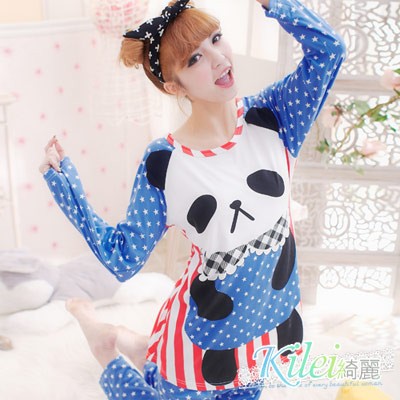 【Kilei】女生睡衣 睡衣套裝 可愛睡衣 熊貓圓仔條紋點點牛奶絲二件式睡衣組XA1252-01(甜美藍)全尺碼