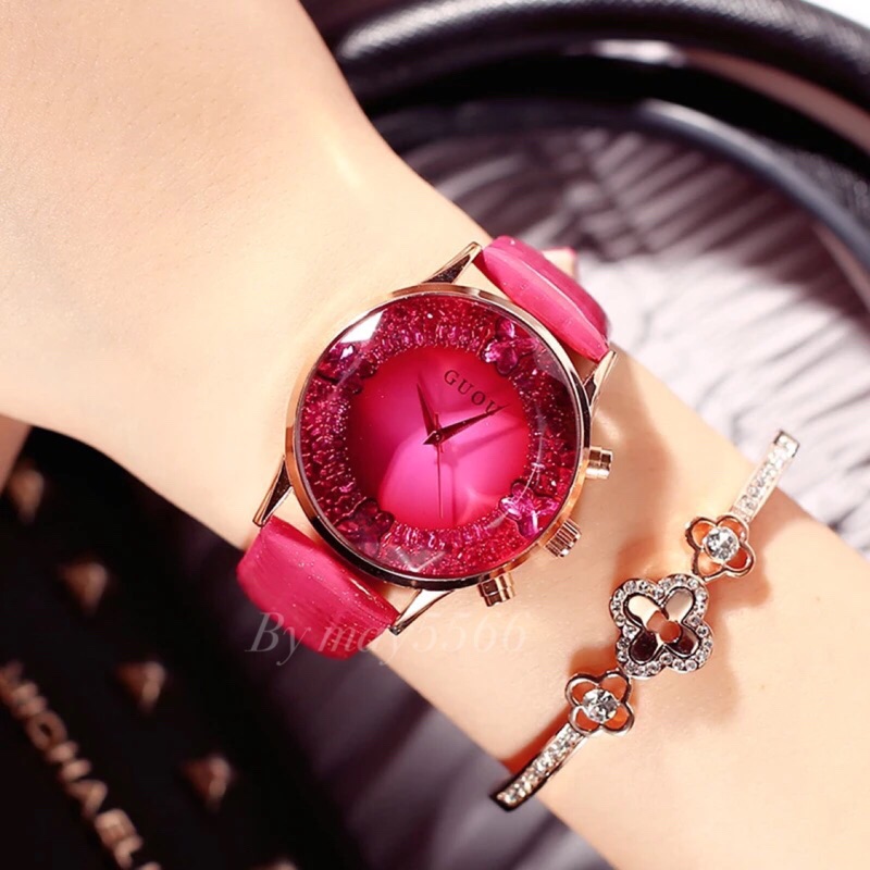 香港品牌GUOU 奢華星空系列 切割玻璃鏡面 高質感水鑽鋯石 真皮手錶/女錶/腕錶/Watch