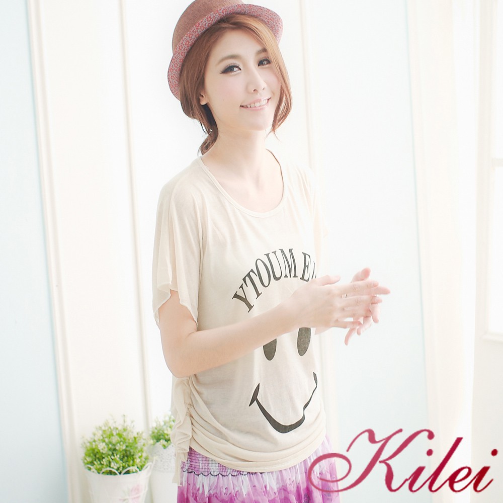 【Kilei】波浪微笑表情寬袖上衣XA996-03(浪漫杏)大尺碼