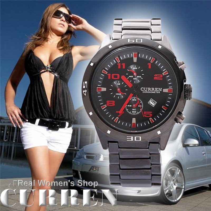 CURREN正品時尚賽車款鋼帶大圓盤日曆三眼裝飾型男錶