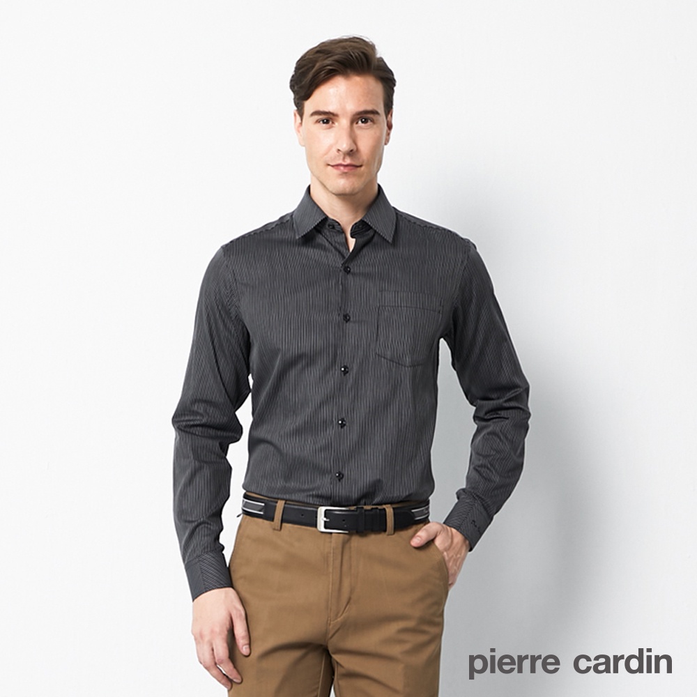 【pierre cardin 皮爾卡登】男襯衫 進口素材合身版純棉條紋長袖襯衫-黑底白細條(62804-99)