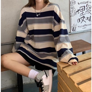 【現貨/快速出貨】秋季韓版寬鬆上衣條紋長袖圓領t恤百搭女生長袖t恤薄款長袖女生長袖女生上衣