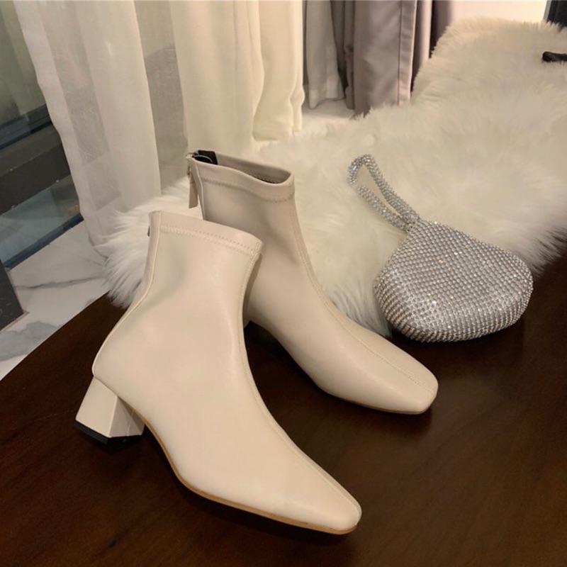 現貨 短靴方頭靴顯瘦靴襪靴杏色短靴 蝦皮購物