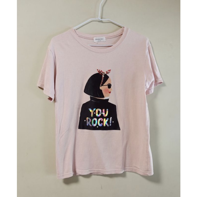 正韓 韓製SPOON CANDY英文標語You Rock酷酷墨鏡女孩立體造型圖案 韓國製粉色短袖T恤上衣 二手