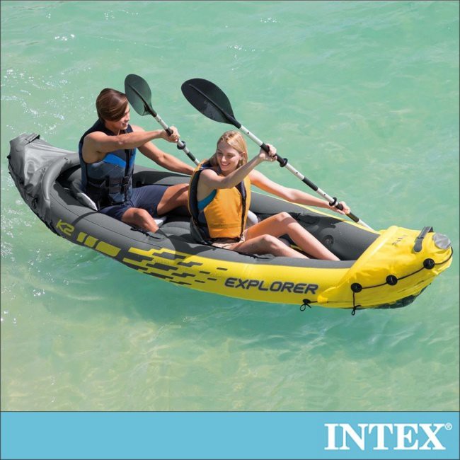 INTEX 探險家K2-雙人運動獨木舟/橡皮艇 (附雙漿+手壓幫浦)15170030(68307)