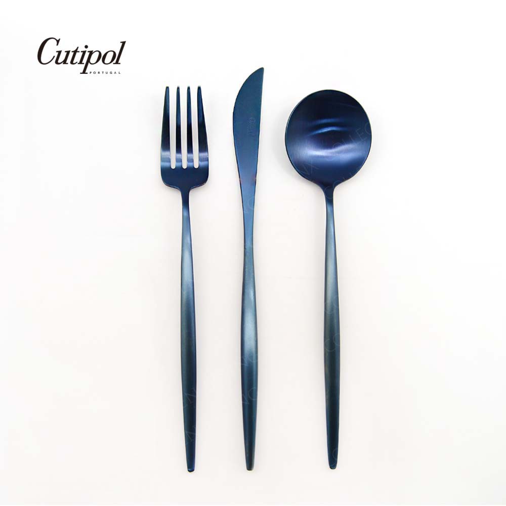 【Cutipol】MOON系列-宇宙藍霧面不銹鋼-主餐三件組(主餐刀叉匙) 葡萄牙手工餐具