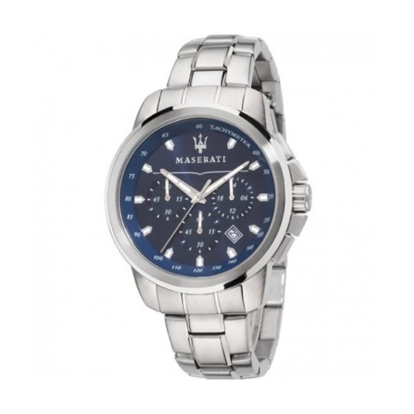 【Maserati 瑪莎拉蒂】精品三眼計時銀鋼帶腕錶-鑽藍色/R8873621002/台灣總代理公司貨享兩年保固