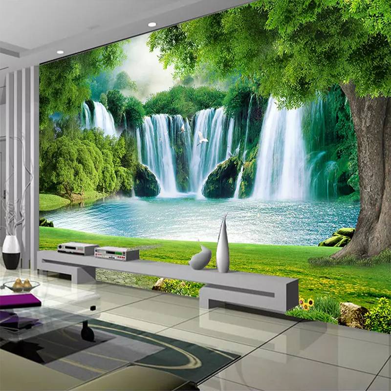 定制3d壁紙現代瀑布風景草景壁畫客廳電視沙發背景牆布家居裝飾壁畫