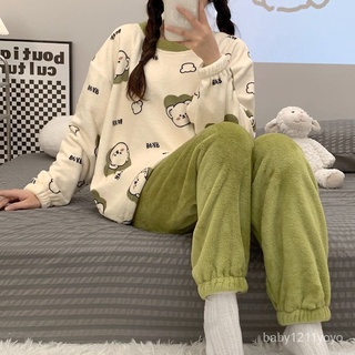 免運舒適💖可愛珊瑚絨睡衣女秋冬季加絨圓領家居服甜美日系學院法蘭絨套裝長袖睡衣睡衣女居家睡衣可愛睡衣秋冬睡衣套裝卡通睡衣