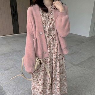 🎀Hanagirl 韓國✈️御姐秋裝 甜美粉色針織外套+碎花長袖洋裝兩件套 B058