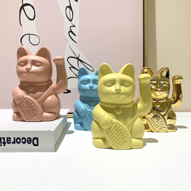 ▨☌招財貓法式北歐黃色粉色藍色卡通招財貓擺件創意裝飾禮品