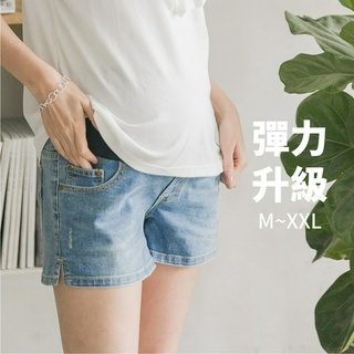 Mamamia孕婦裝 彈性淺藍側開叉短牛仔孕婦褲 孕婦 孕婦裝 託腹褲 短褲 孕婦穿搭 M~XXL [B6262]