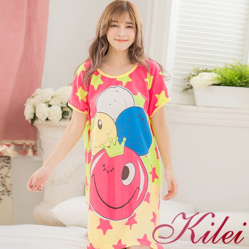 【Kilei】牛奶絲笑臉星星短袖連身裙睡衣XA2834-02(俏麗淺紅)全尺碼