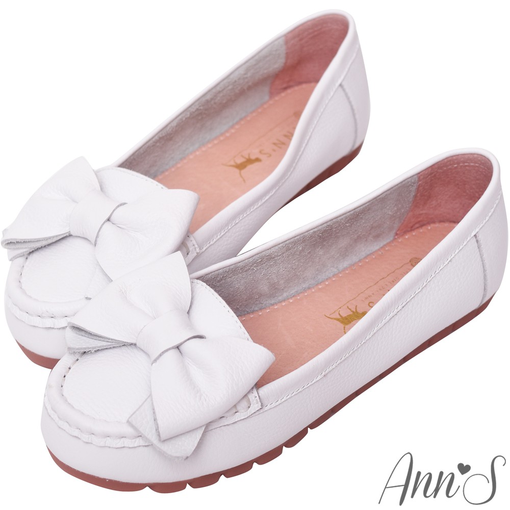Ann’S甜美造型-可愛大蝴蝶結牛皮平底娃娃鞋-白