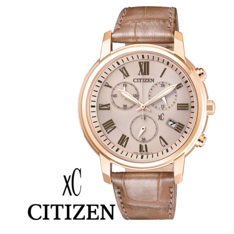 全新！CITIZEN 星辰錶 光動能玫瑰金羅馬字三眼咖啡皮帶女錶x36mm FB1433-01P 公司貨