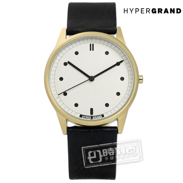 HyperGrand / CW01GWBLK / Classic Black 極簡工業風真皮手錶 米白x金框x黑38mm