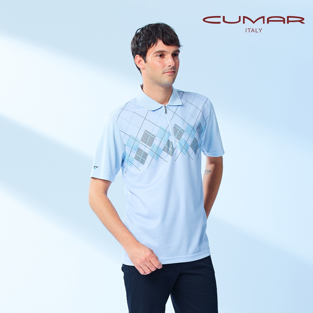【CUMAR】男裝短袖拉鏈吸濕排汗POLO衫 168213-40水藍