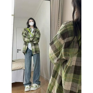 💕甜心大尺碼💕M-5XL 大尺碼襯衫 港風chic復古格子綠色長袖襯衫女春夏寬鬆高級感氣質防曬衣女外穿