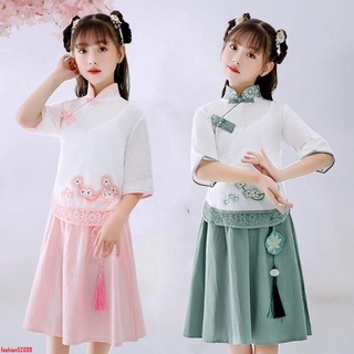 熱銷款女童夏季漢服套裝中國風夏裝兩件套唐裝裙子棉麻古風兒童旗袍裙潮