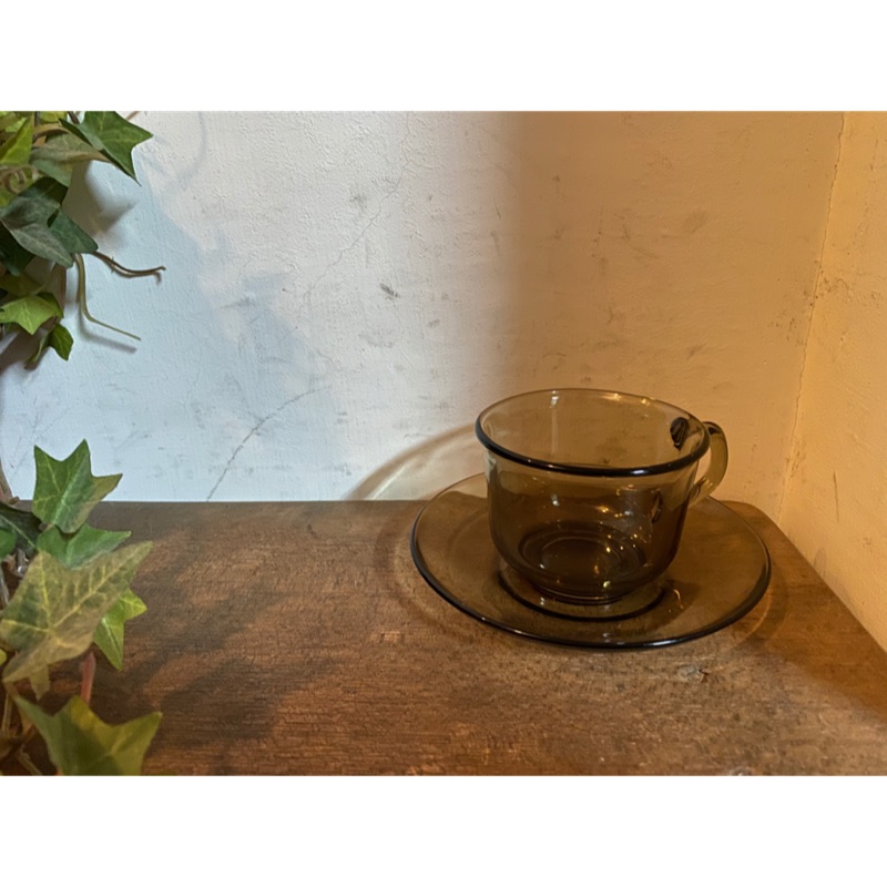 法國製 arcoroc 早期 全新茶色玻璃咖啡杯 /一杯一盤