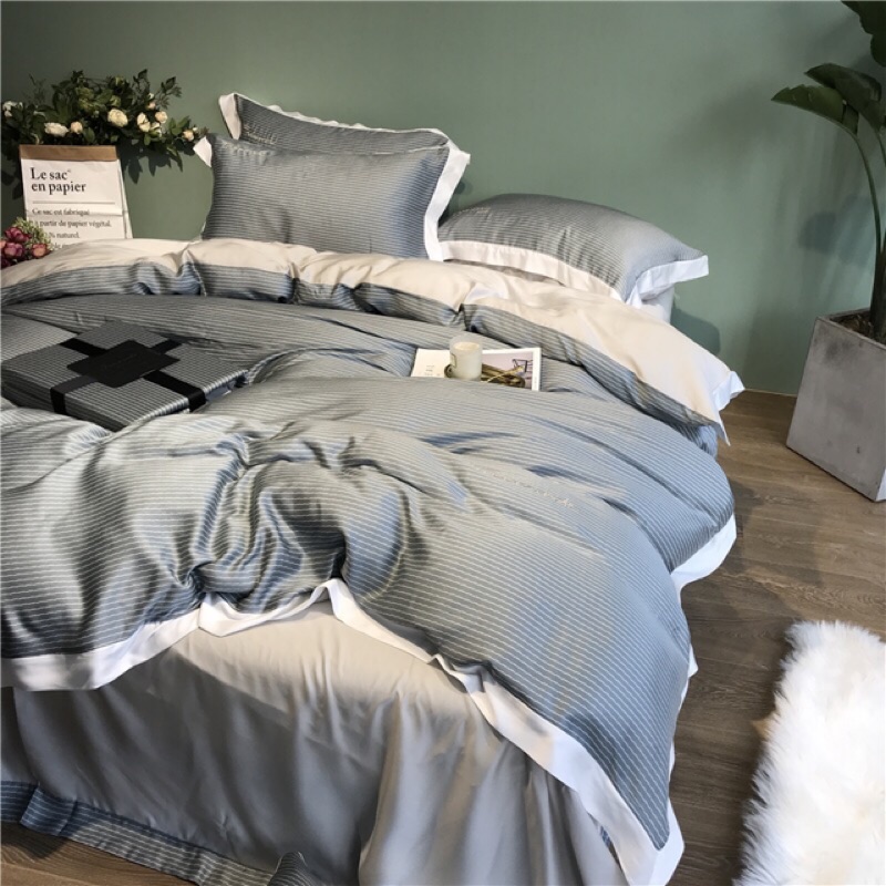 灰色/豆沙色 北歐夏季雙面天絲條紋床包組 素色床單被套枕套 涼爽 雙人特大 ikea床墊尺寸