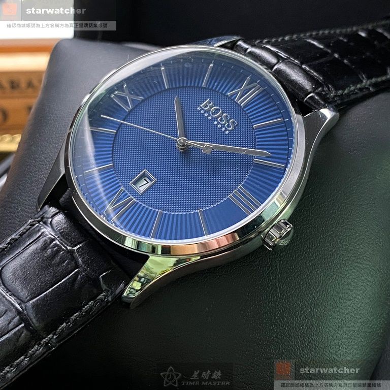 BOSS手錶,編號HB1513553,42mm銀圓形精鋼錶殼,寶藍色簡約, 時分秒中三針顯示錶面,深黑色真皮皮革錶帶款
