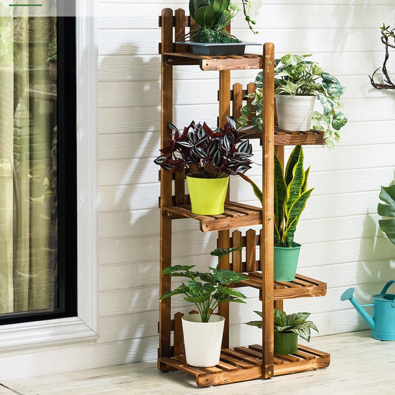 木製5層花架園藝花器花盆展示架6格陳列架五層商品架原木簡約風置物架六格收納木架花藝背板檯架橫條鏤空造型層架