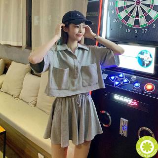 【兩件套】女生短袖套裝 S~2XL 短款polo領上衣+ 休閒 褲裙 兩件套 韓版 寬鬆 設計感 大口袋 T恤 工裝風