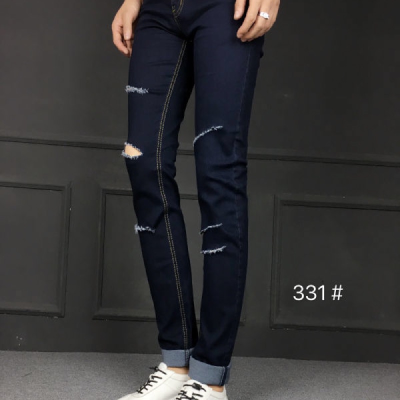 AOYAMA 原色刀割破壞 窄版合身牛仔褲-黑藍色【X331-1】