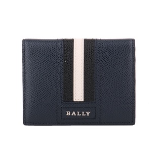 BALLY-防刮皮革黑白條紋二折名片/卡片夾 (藍)