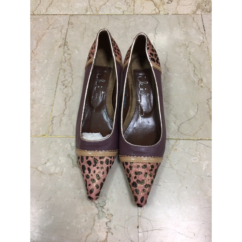iki2 粉紫異材質 甜美豹紋低跟鞋
