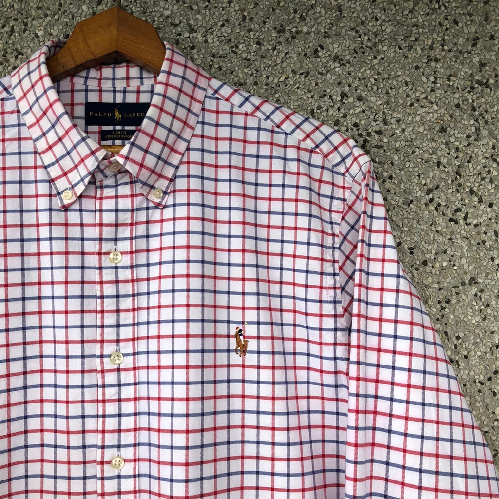 [Oldman Vintage] Polo Ralph Lauren 白藍紅格紋 彩色標 馬球 古著 襯衫 XL P75