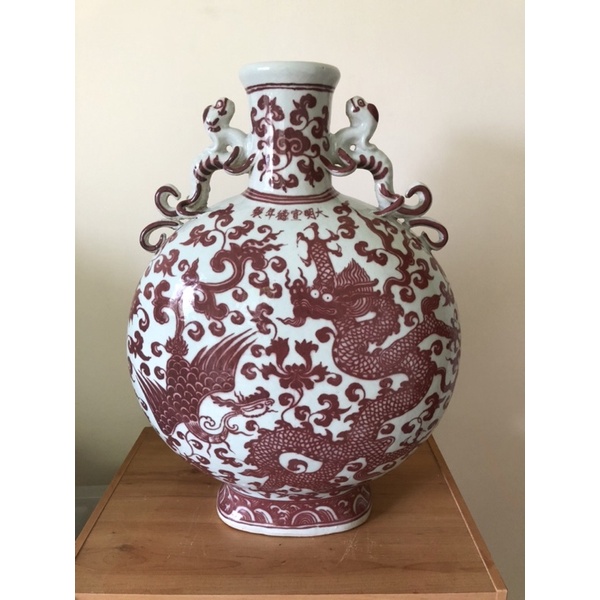仿古陶瓷紅色龍紋窄口瓶 花瓶 擺飾/擺件