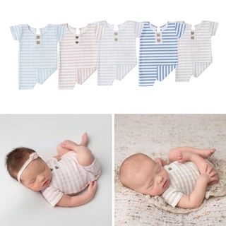 哈哈新生嬰兒攝影道具短袖連衣褲條紋鈕扣正面連體衣