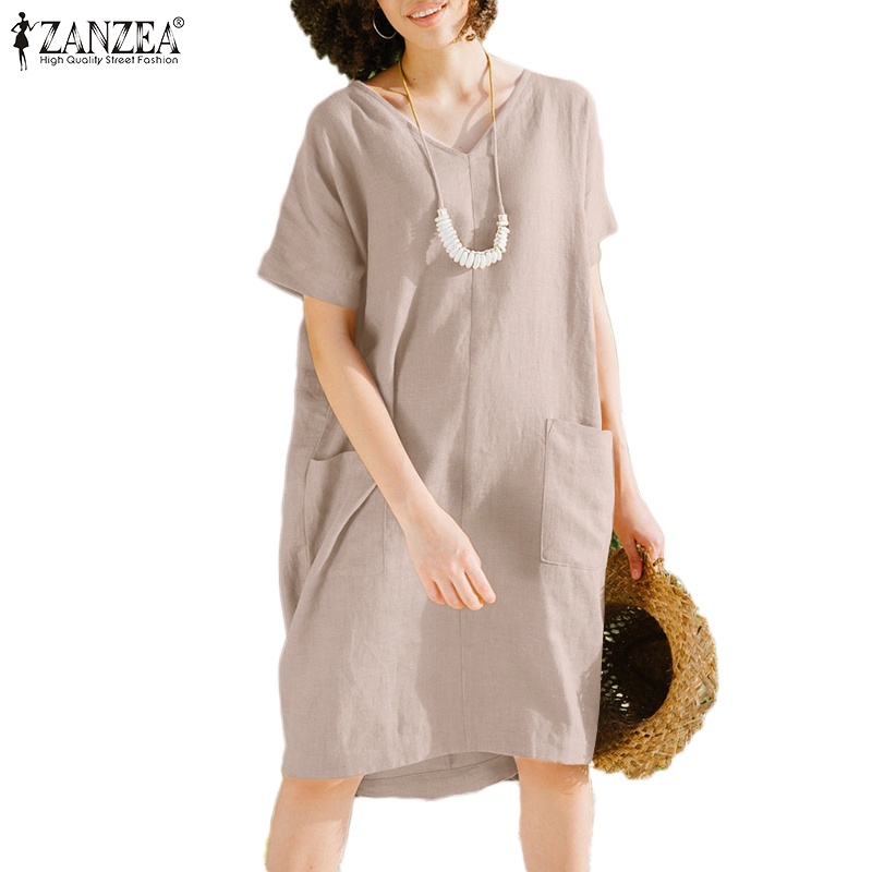 Zanzea 女裝歐式短袖休閒 V 領度假貼袋中長連衣裙