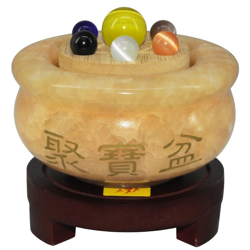 【吉祥開運坊】七星聚寶盆【聚財聖品 貓眼石七星陣 黃玉石聚寶盆 小型 附實木底座】開光 擇日