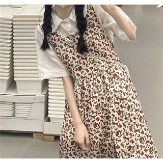 單件/套裝夏季韓版學生休閒短袖T恤洋氣顯瘦碎花背帶裙兩件套