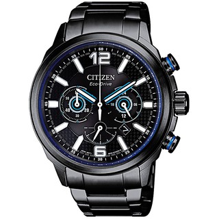 CITIZEN星辰 光動能（Eco-Drive）電鍍黑 三眼計時腕錶（平輸）型號：CA4385-80E